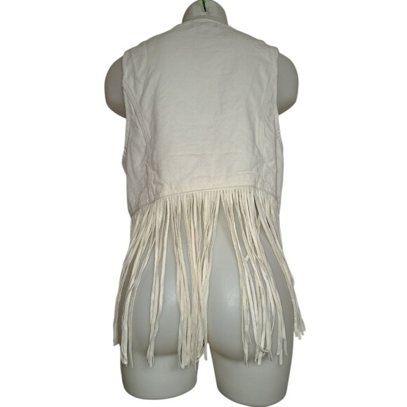 Boho Fringe Vest Momens OX Beige Cream Button Front Western Festival Top - Picture 2 of 4